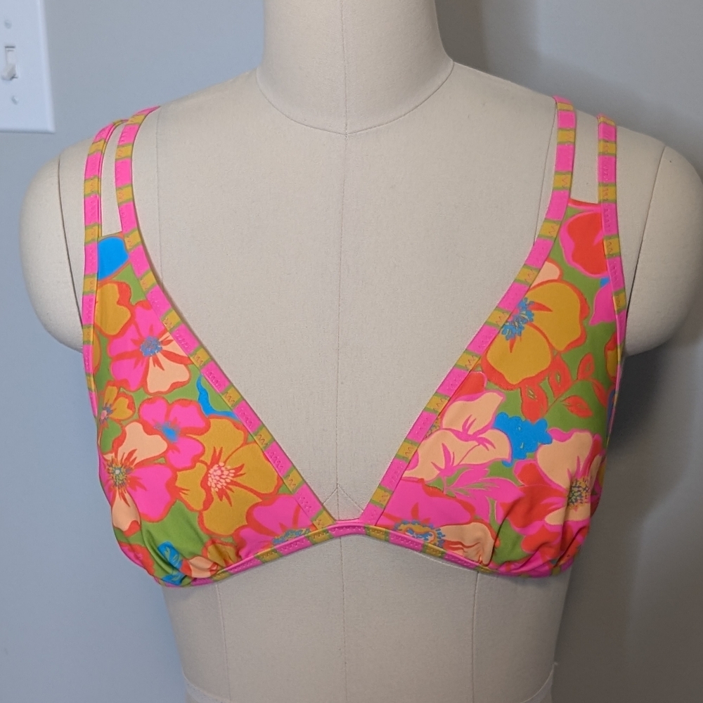 Reversible Vibrant Floral‎ Striped Padded Bikini Top Size Medium